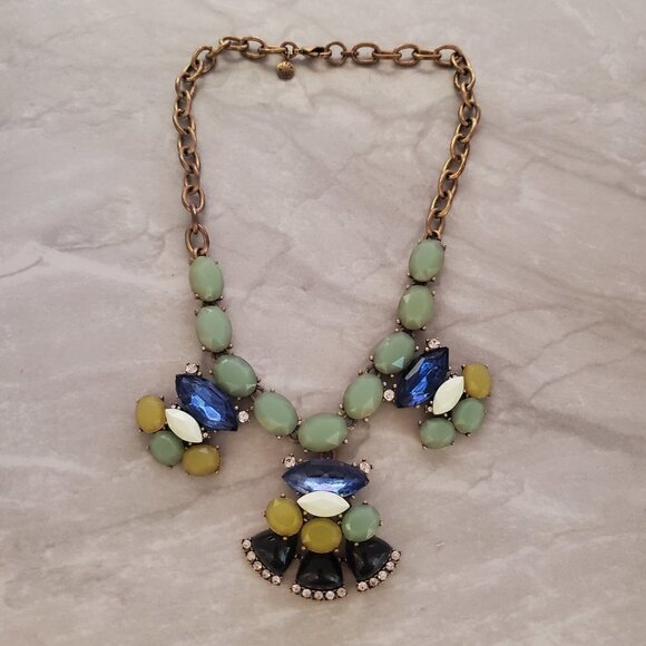 ✨ J.Crew Blue Green Rhinestones Crystals Cluster Statement Necklace ✨ - Picture 1 of 16
